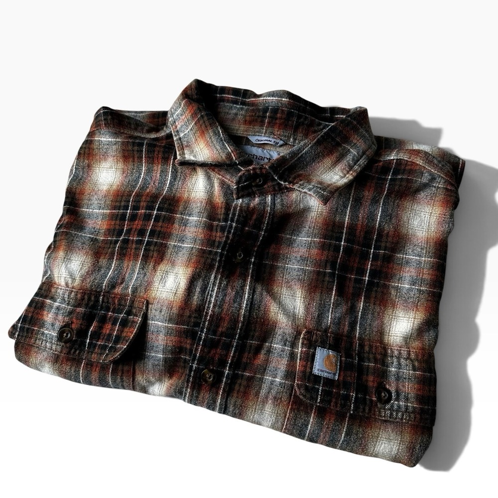 Carhartt Hubbard Plaid Flannel Button Shirt Orange Brown Original Fit - Mens XL